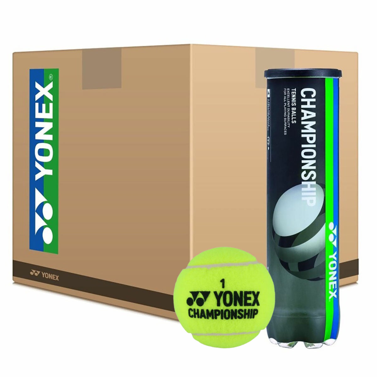 Yonex tennis balls with a box and a single ball on a white background