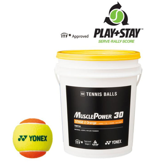 Yonex MusclePower 30 tennis balls in a white bucket with yellow lid, featuring Yonex and Play+Stay logos.