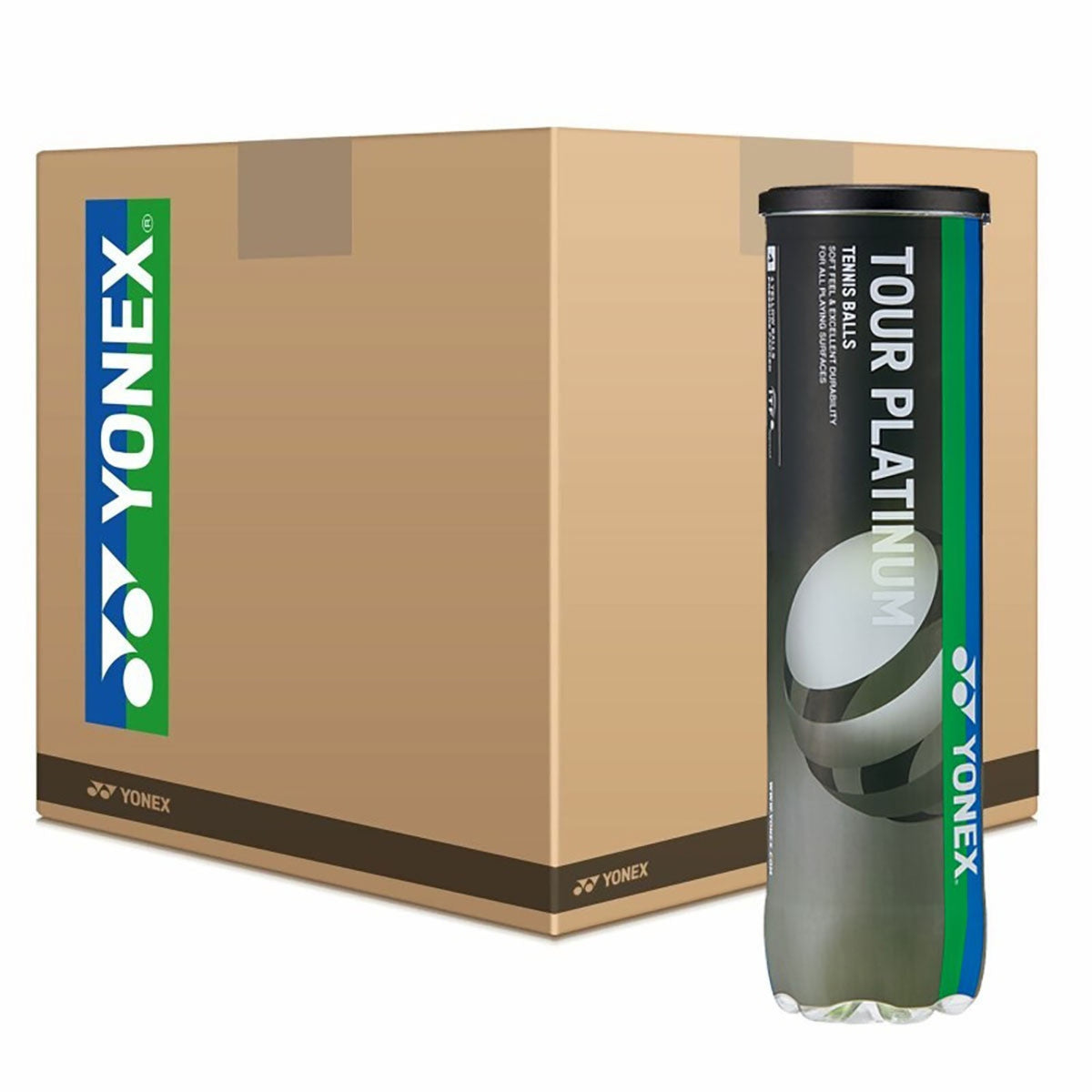 Yonex Tour Platinum tennis ball canister with cardboard box on a white background