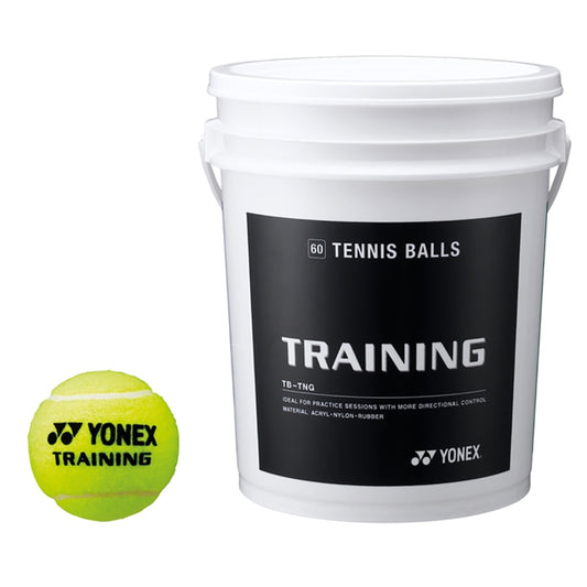 Yonex training tennis ball with a bucket of balls on a white background