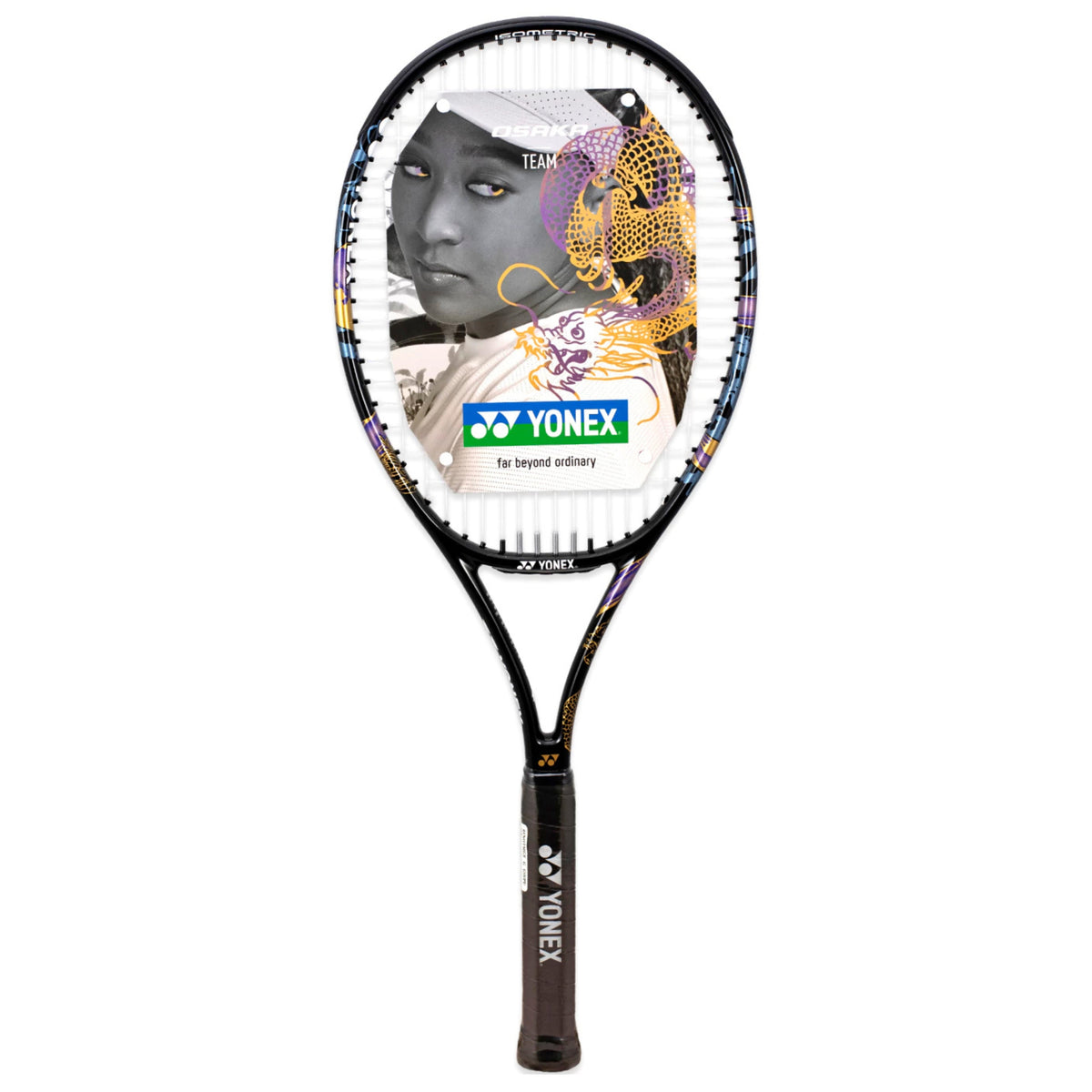 Yonex tennis racket with a colorful design on a white background