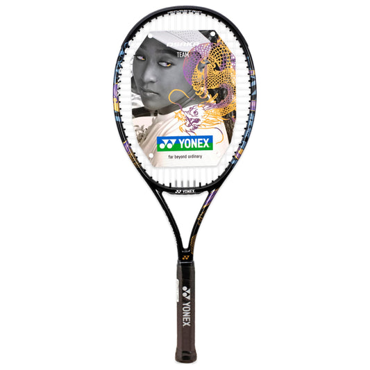 Yonex tennis racket with a colorful design on a white background