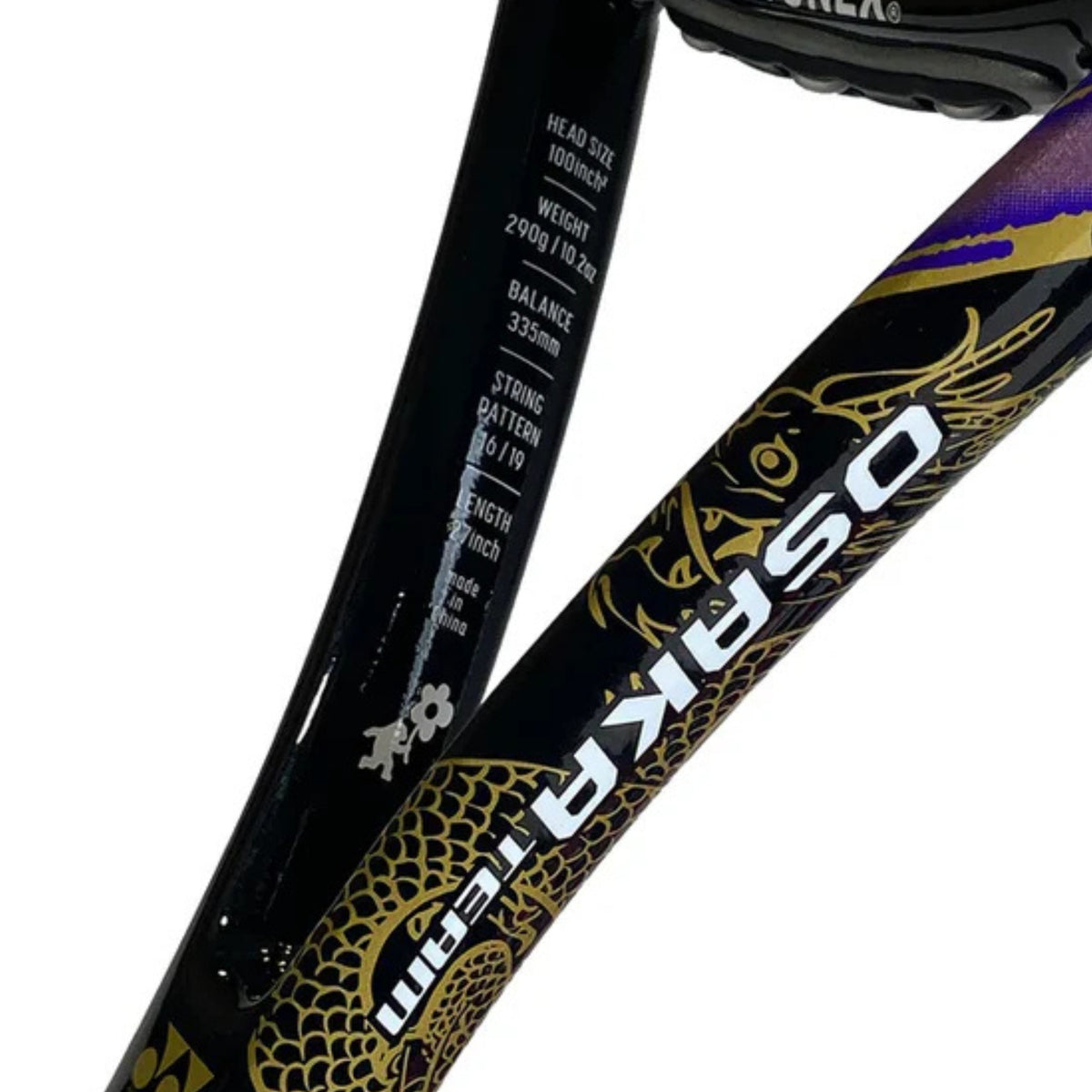 Close-up of a tennis racket with 'OSAKA' branding on a white background