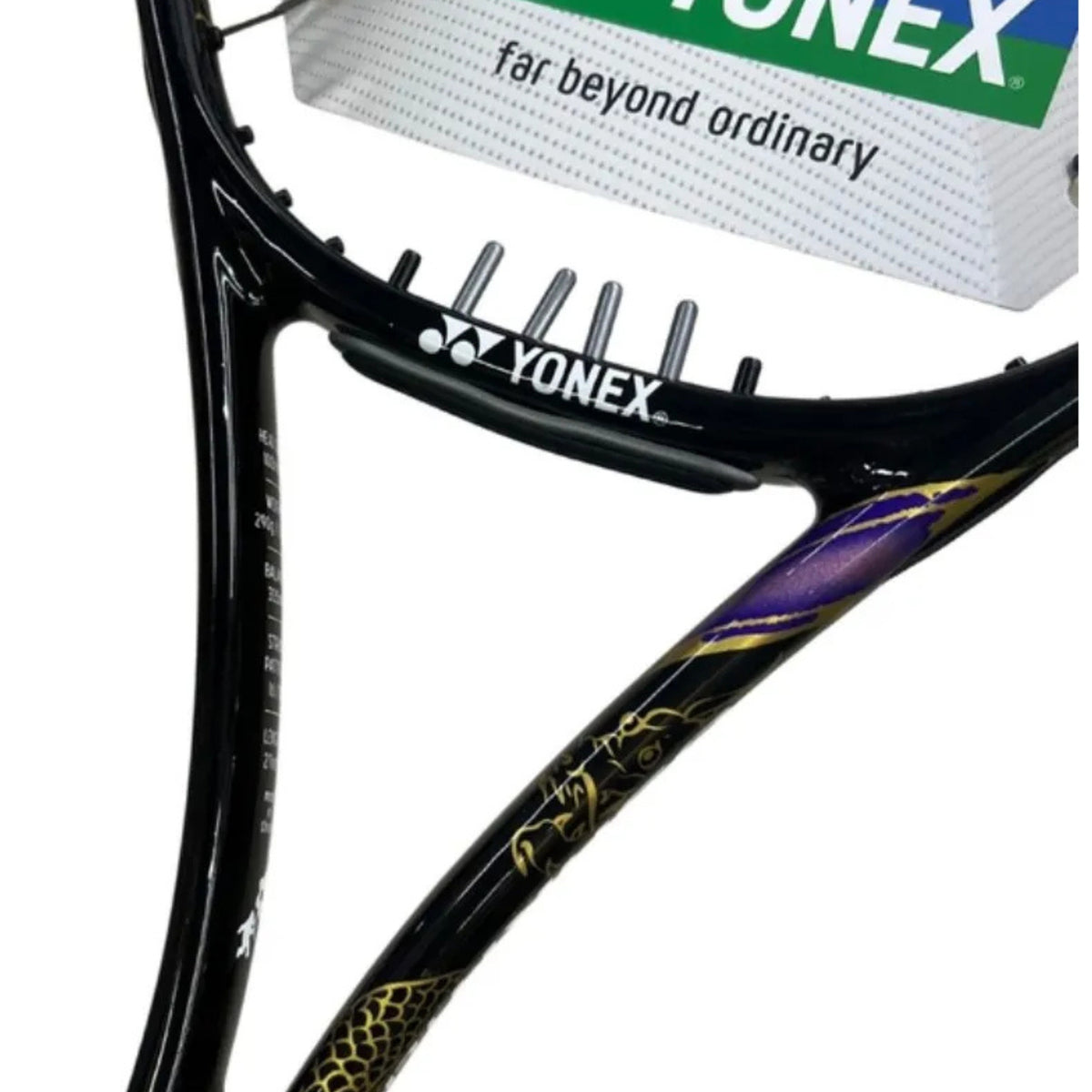 Yonex tennis racket with branding on a white background