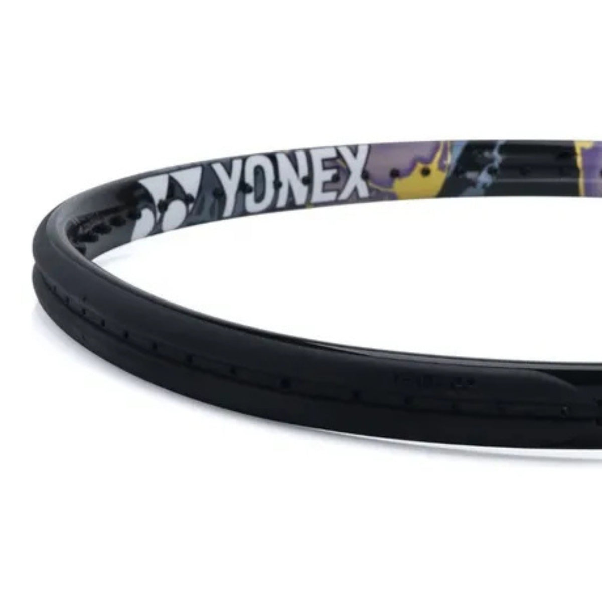 Close-up of a Yonex tennis racket handle on a white background