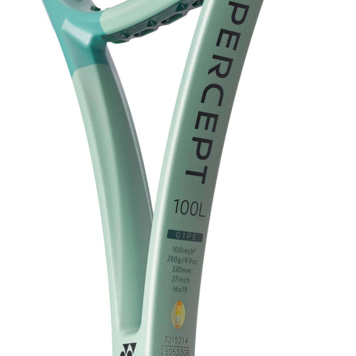 Close-up of a tennis racket with 'Percept' branding on a white background
