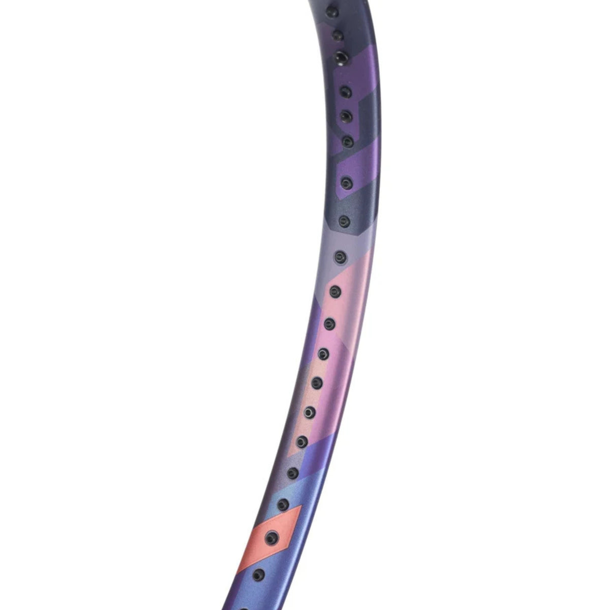 Close-up of a Yonex racket frame with a purple and pink design on a white background