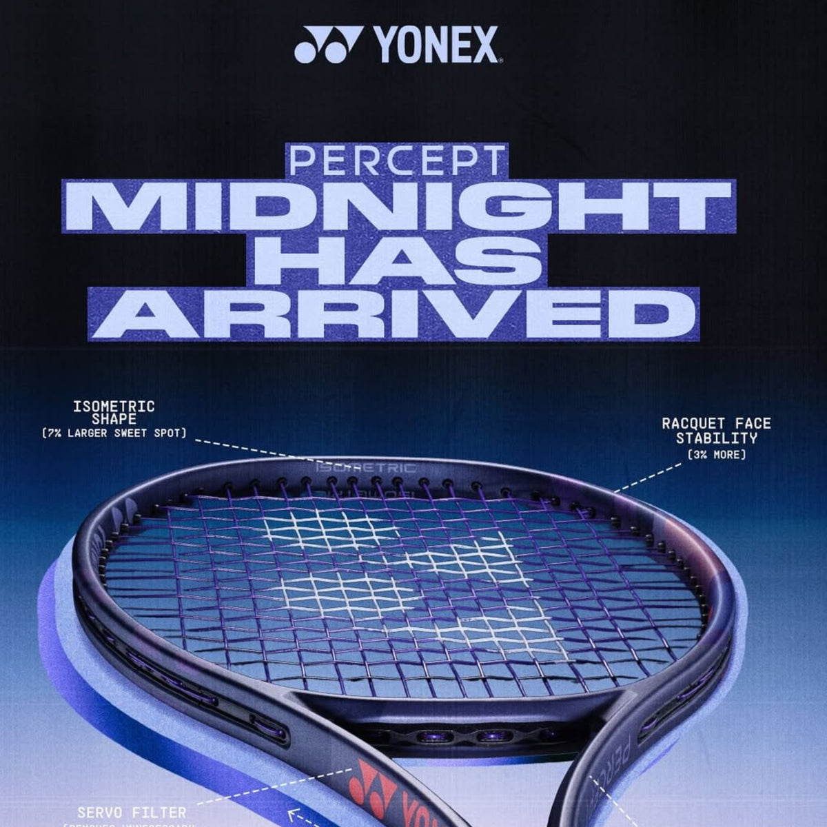 Yonex tennis racket with 'Percept Midnight' branding and features on a dark background
