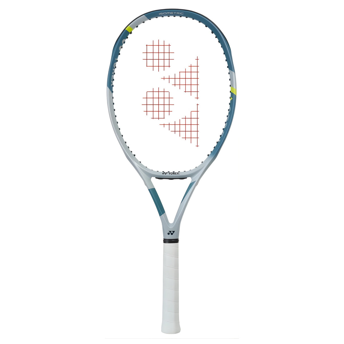 Yonex Tennis racket with a white and blue design on a white background