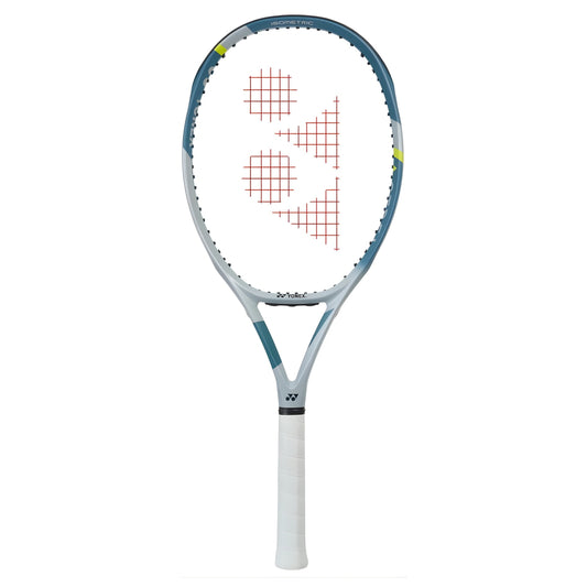 Yonex Tennis racket with a white and blue design on a white background