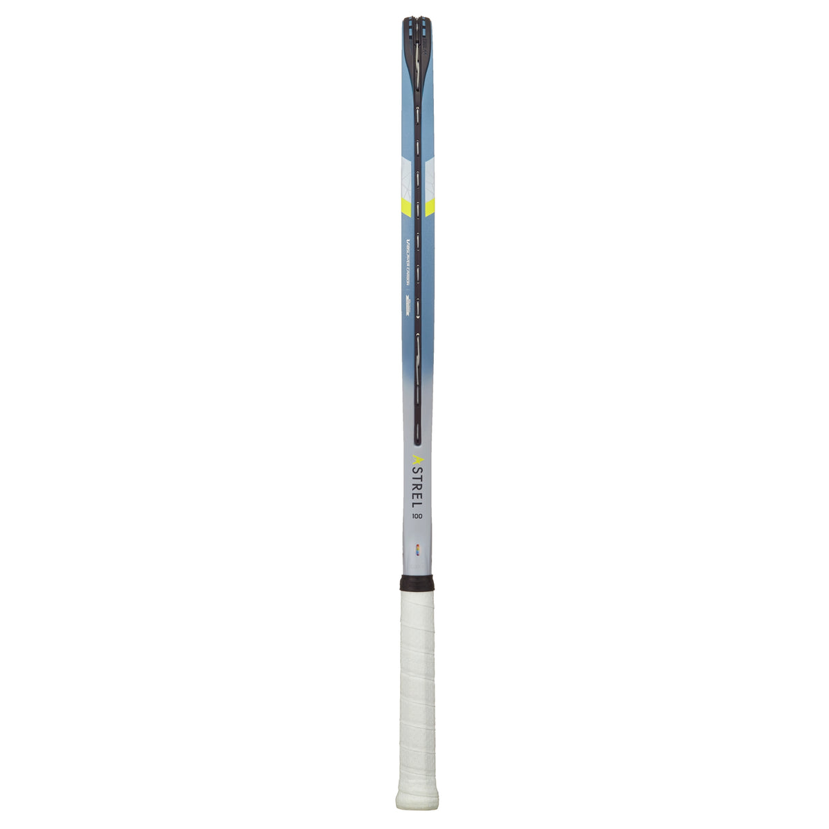 Yonex Tennis racket with a white and blue design on a white background
