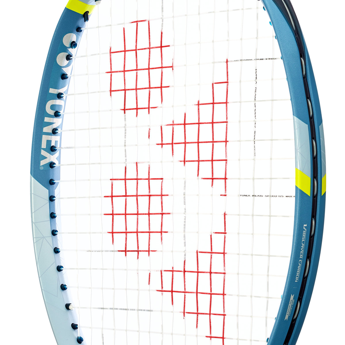 Close-up of a tennis racket with red strings on a white background