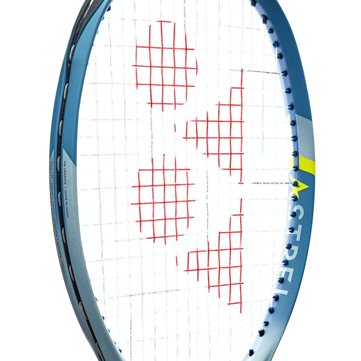 Tennis racket with blue frame and yellow logo on a white background