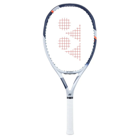 Blue and white Yonex Tennis racket with brand logo on a white background