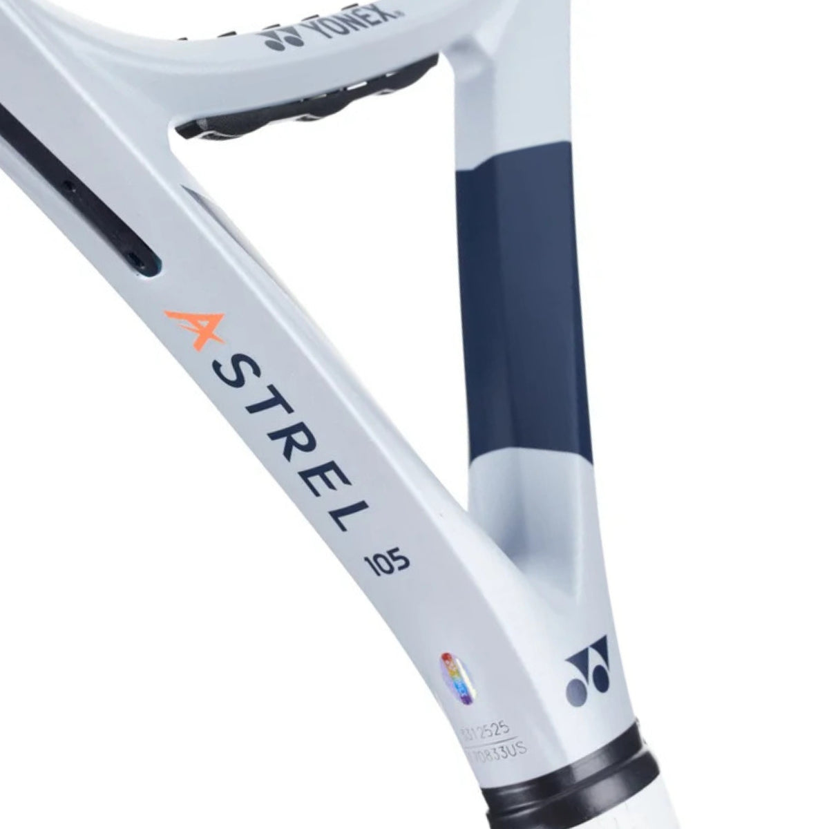Close-up of a tennis racket with 'Yonex' branding on a white background