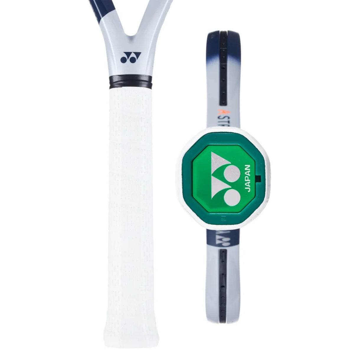 Tennis racket with a green and white Yonex logo on a white background