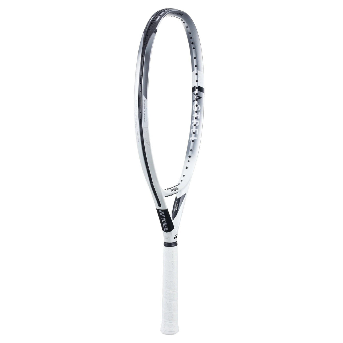 Yonex tennis racket with white and black design on a white background
