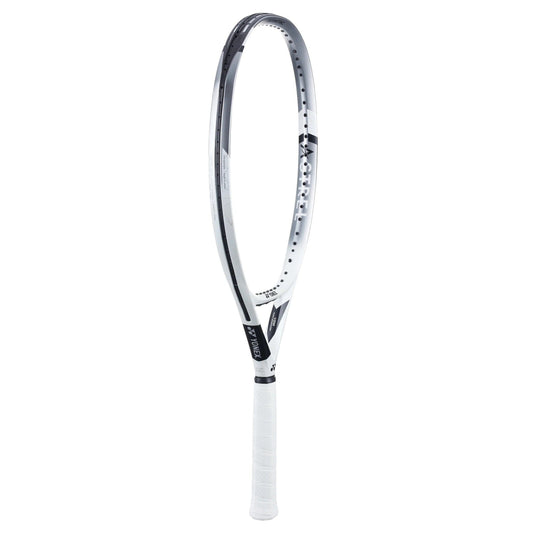 Yonex tennis racket with white and black design on a white background