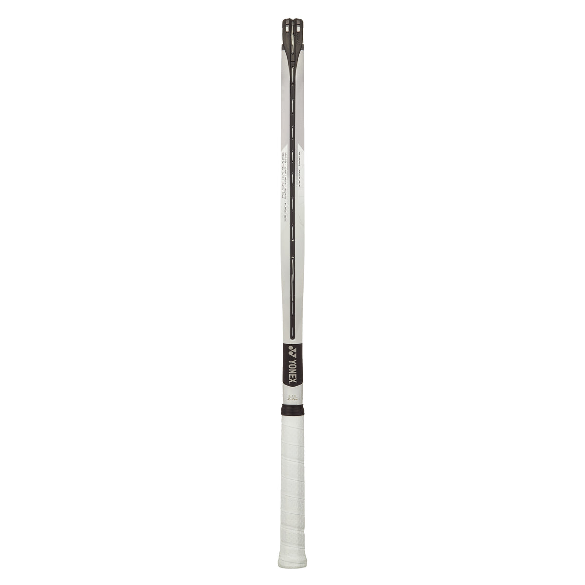 White and black Yonex tennis racket on a white background
