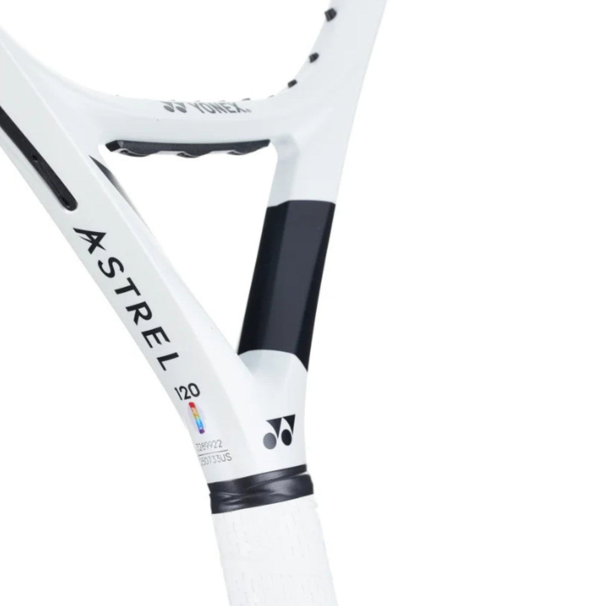 Close-up of a white tennis racket with black accents and 'Yonex' branding on a white background.