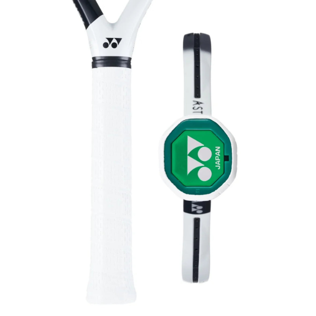 Tennis racket with a green and white handle on a white background