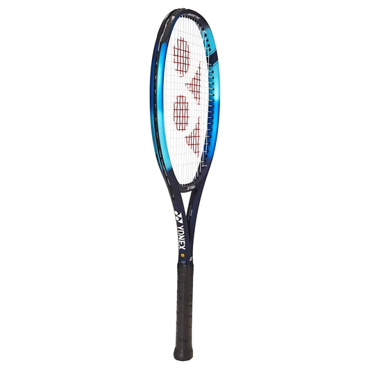 Tennis racket with a white strings pattern on a white background