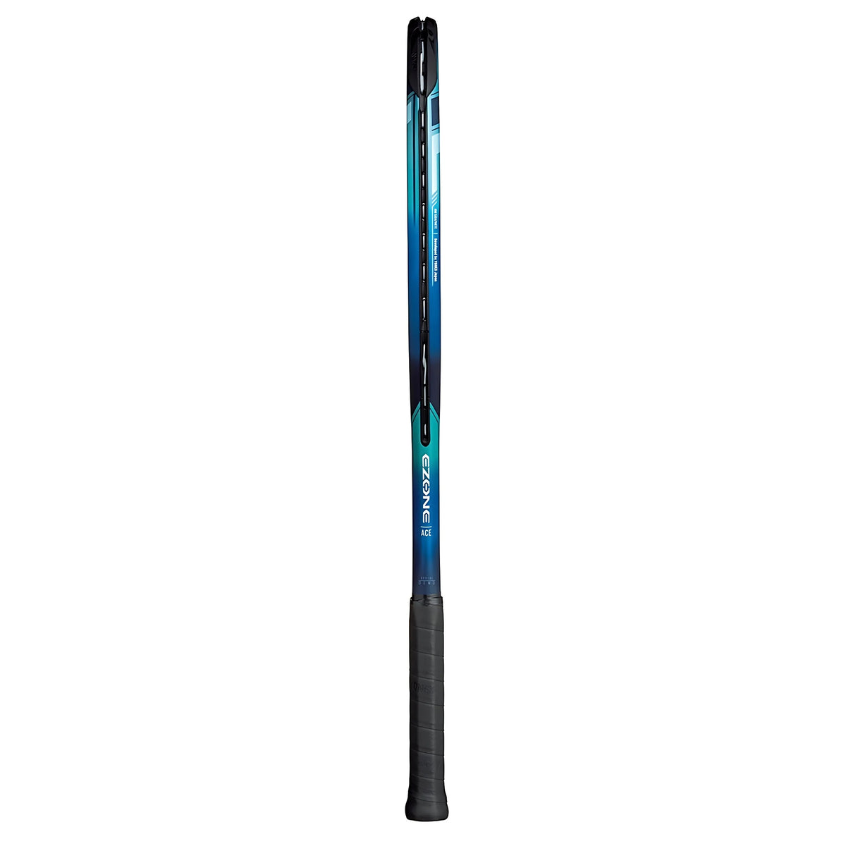 Tennis racket with a blue and black design on a white background