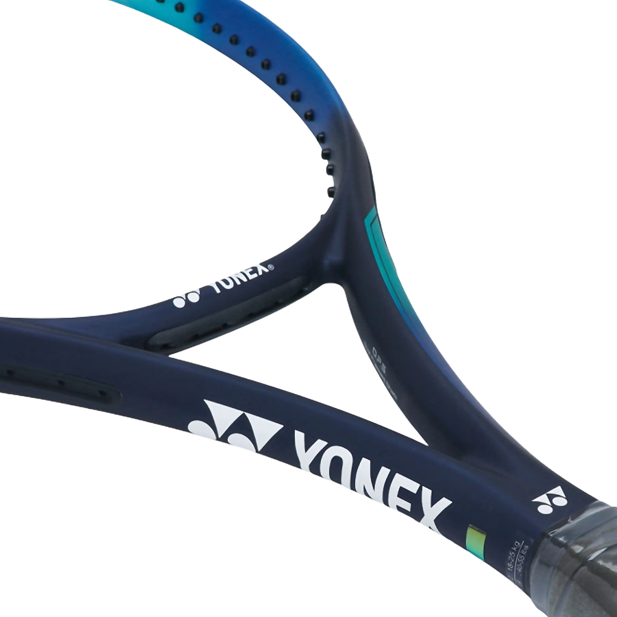Close-up of a Yonex tennis racket on a white background