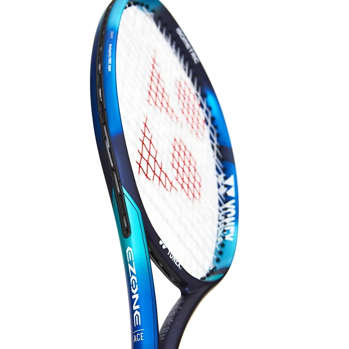 Tennis racket with blue and black frame on a white background