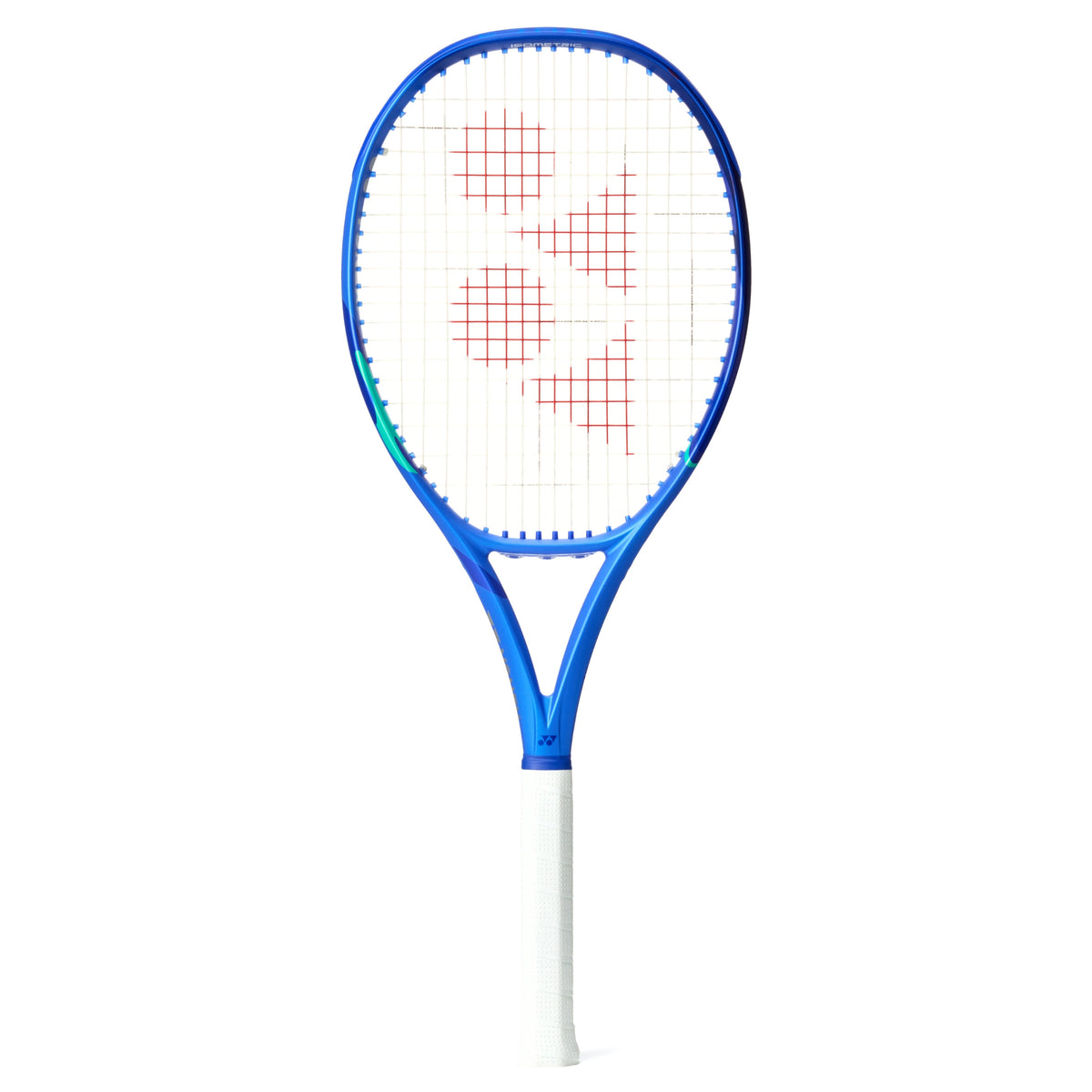 Yonex Blue and white tennis racket with a brand logo on a white background