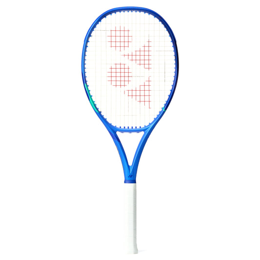 Yonex Blue and white tennis racket with a brand logo on a white background