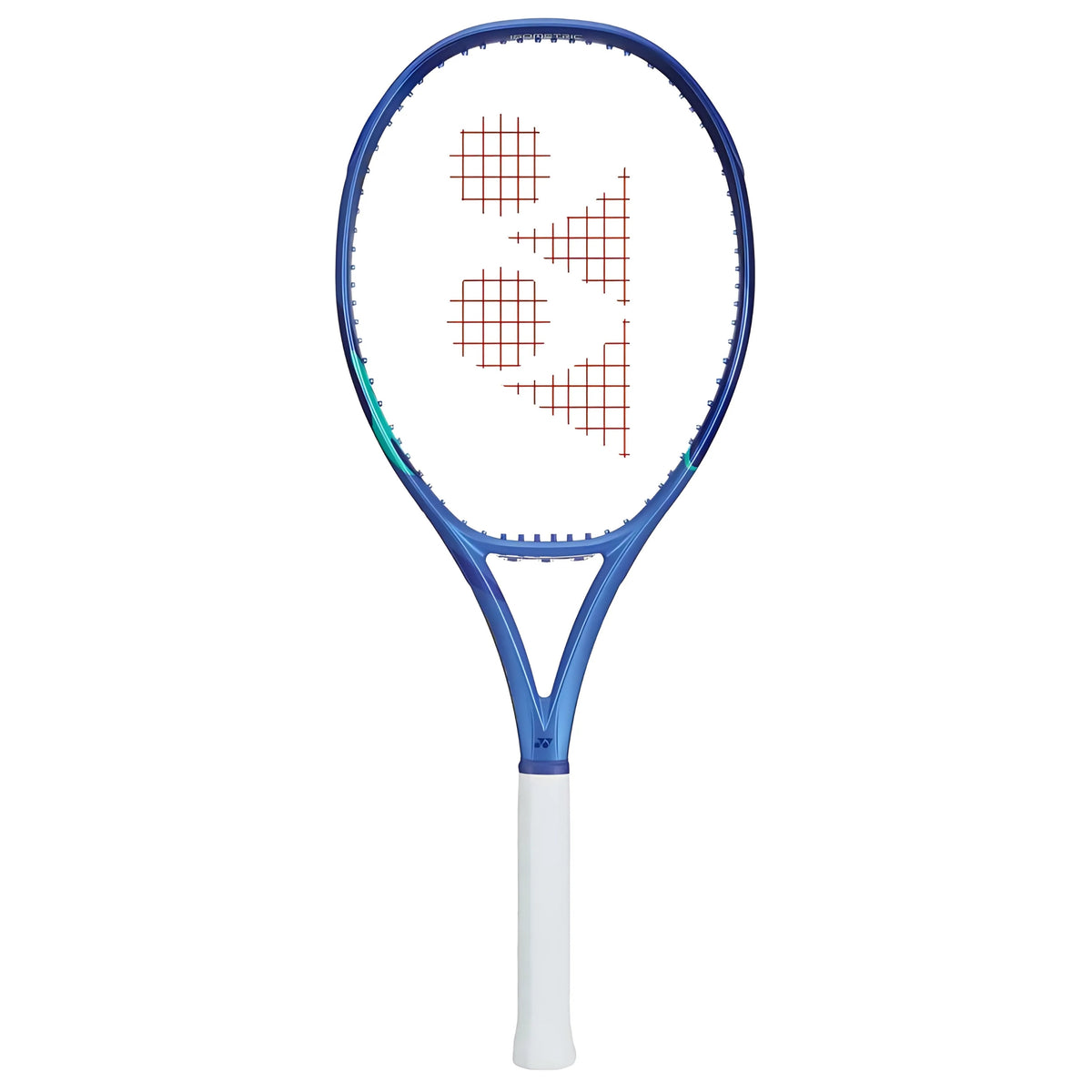 Yonex tennis racket with blue frame and white handle on a white background