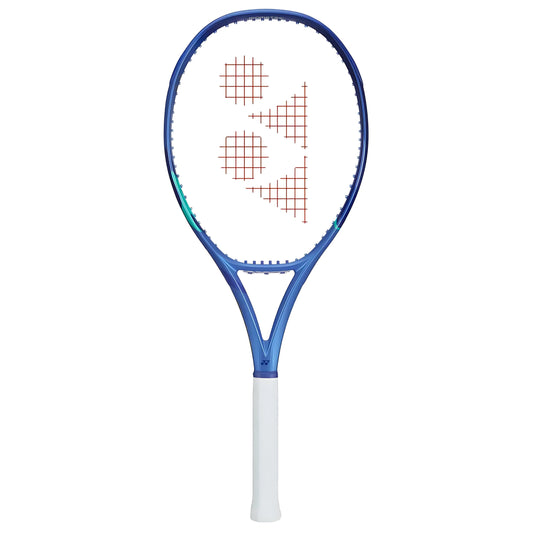 Yonex tennis racket with blue frame and white handle on a white background