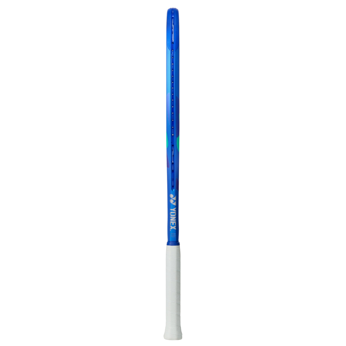 Blue and white tennis racket on a white background