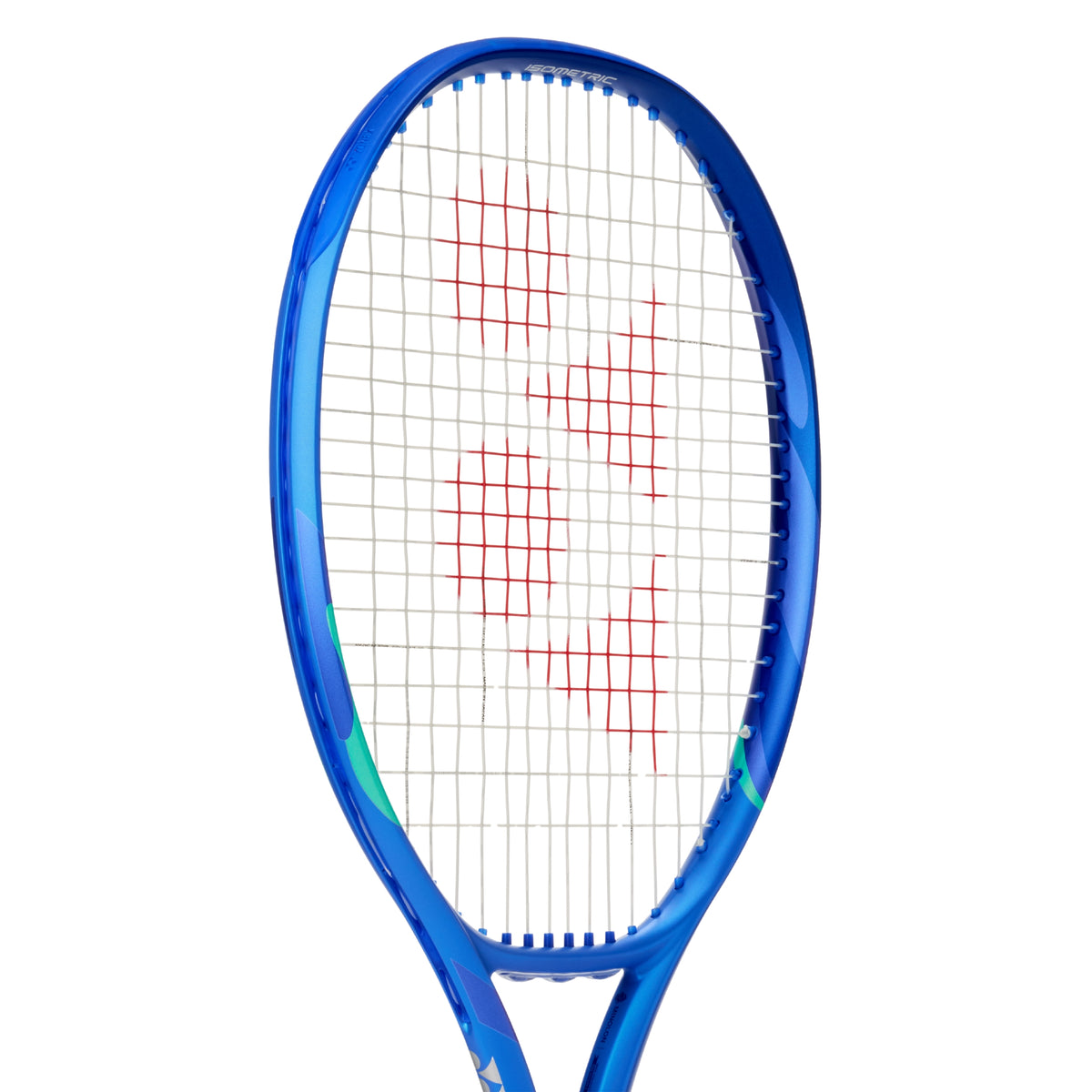 Blue tennis racket with a white strings background on a white background