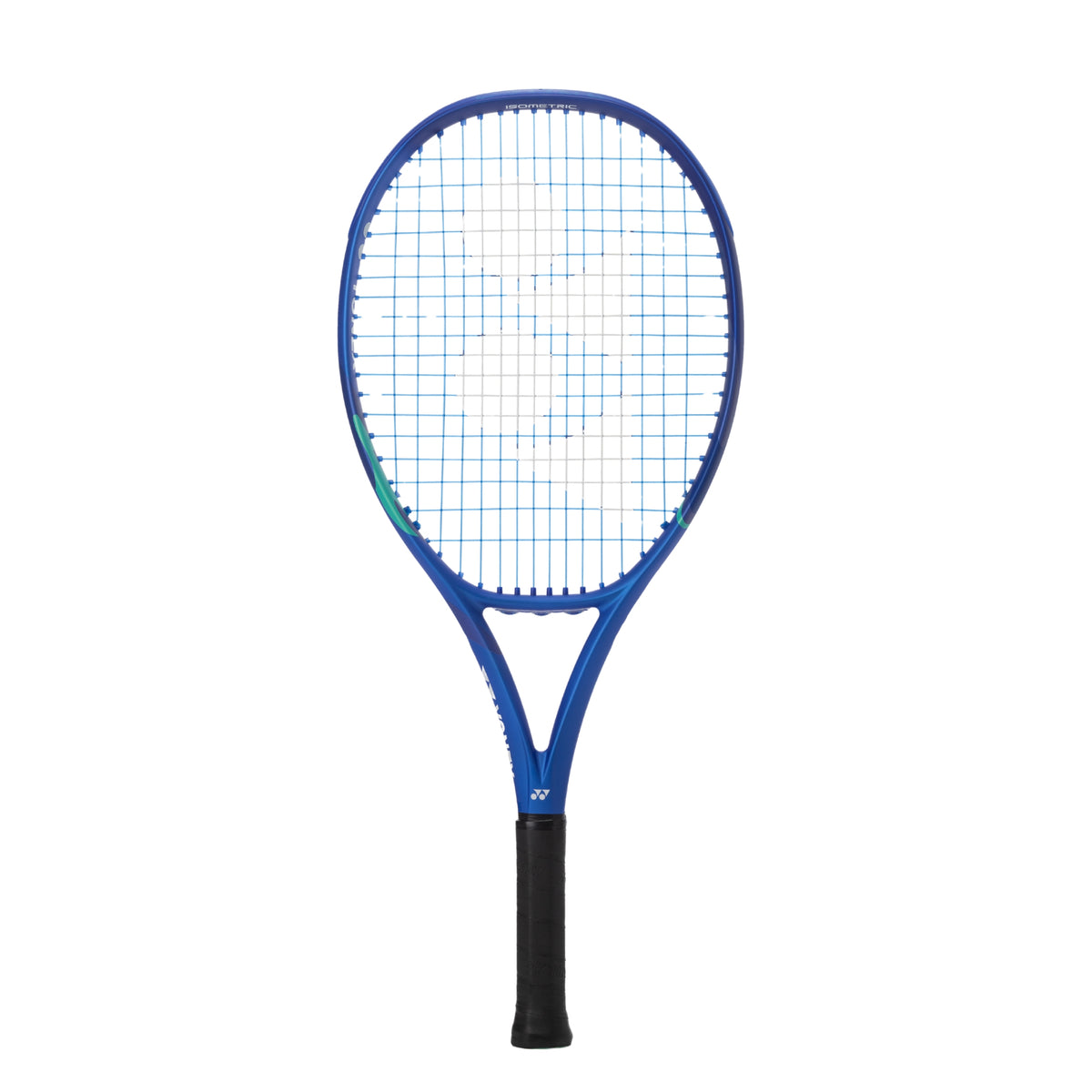 Blue Yonex tennis racket on a white background