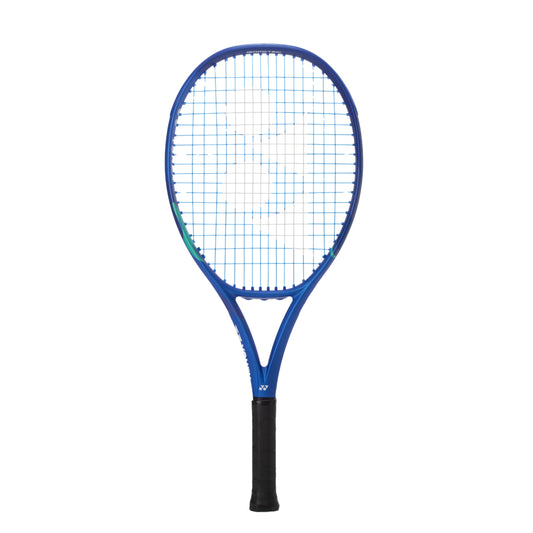 Blue Yonex tennis racket on a white background