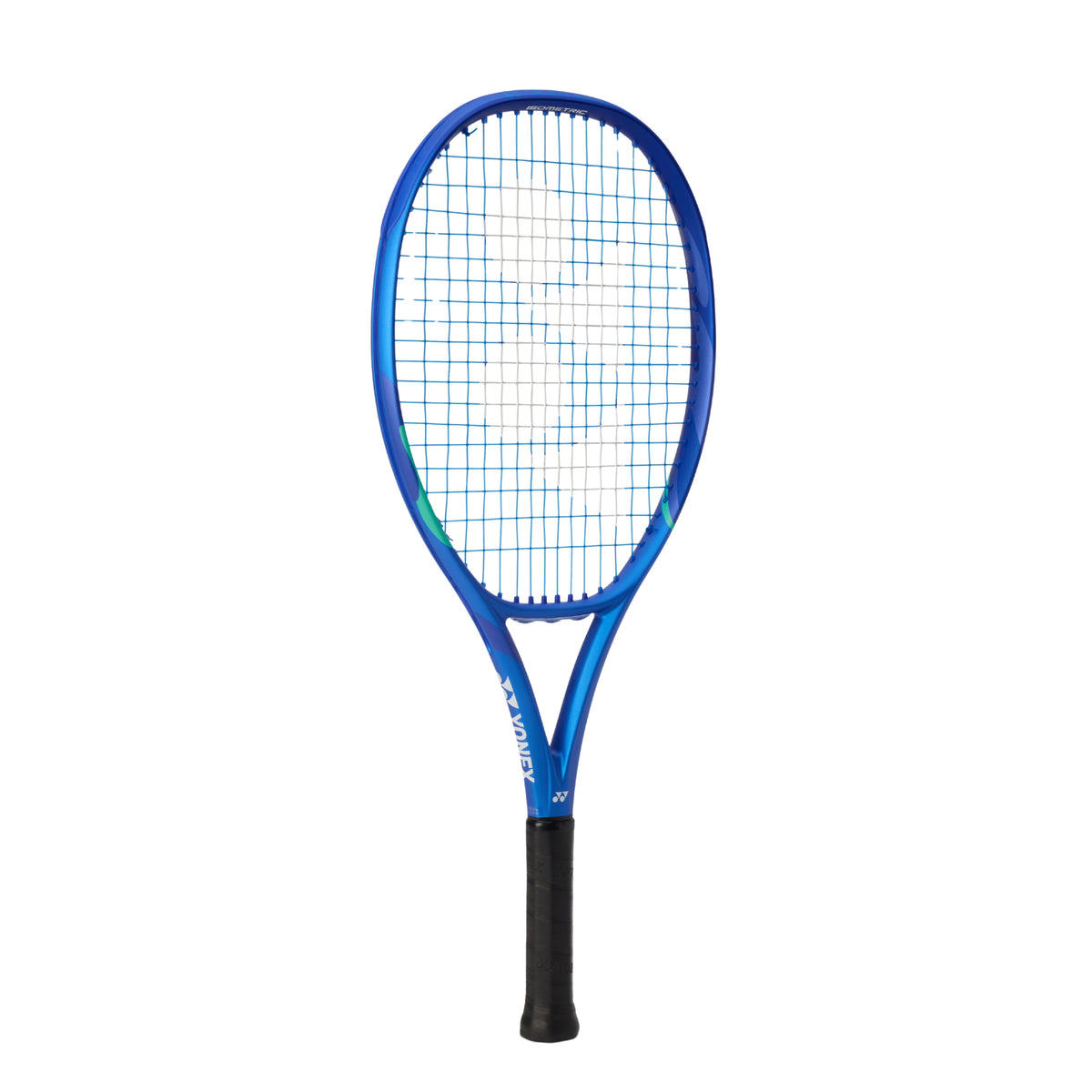 Blue Yonex tennis racket on a white background