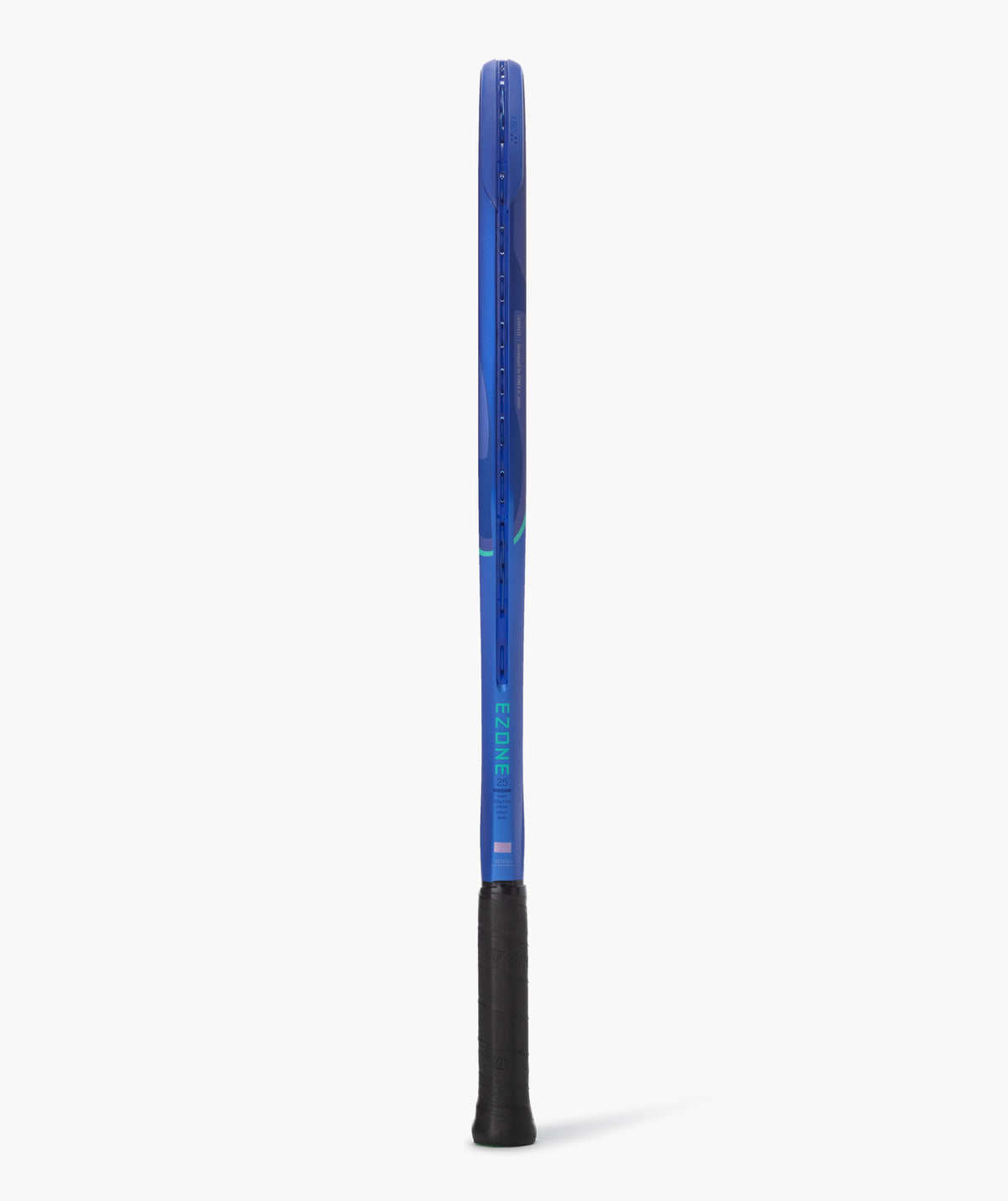 Blue Yonex tennis racket on a white background