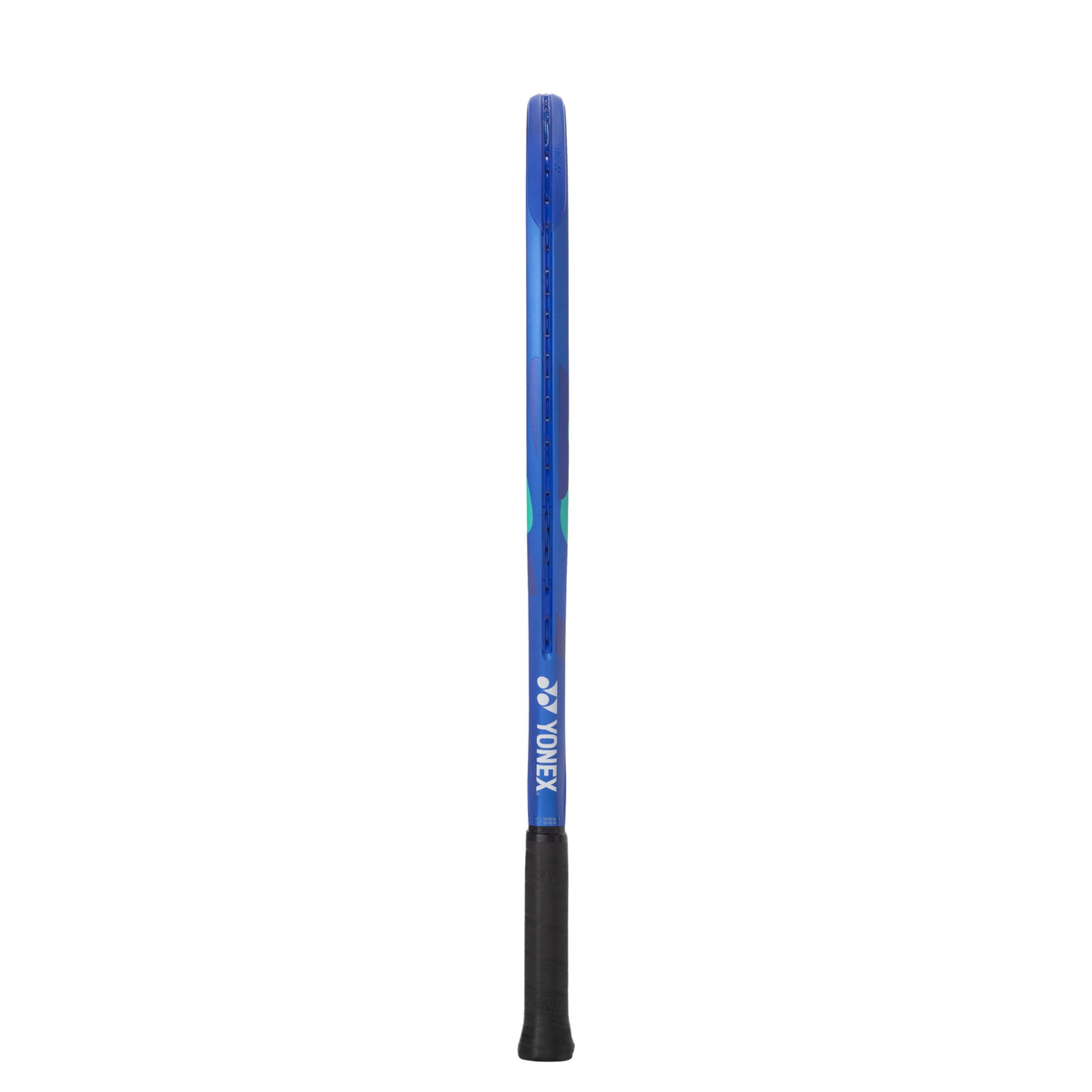 Blue and black tennis racket with Yonex branding on a white background