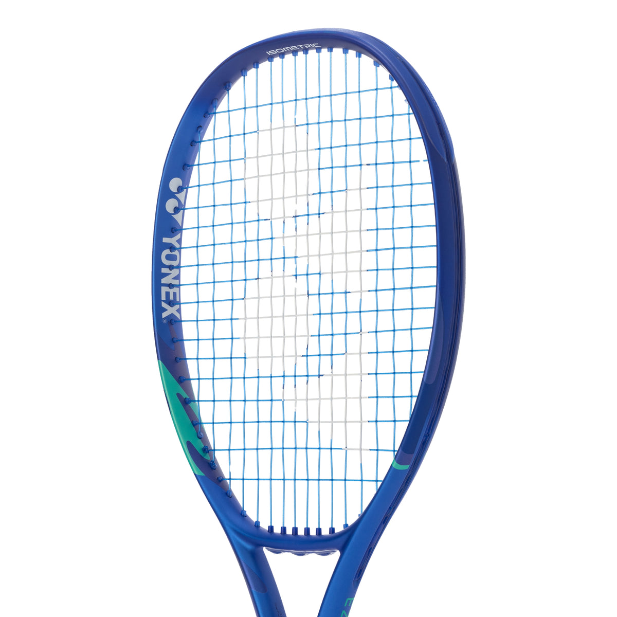 Blue tennis racket with Yonex branding on a white background