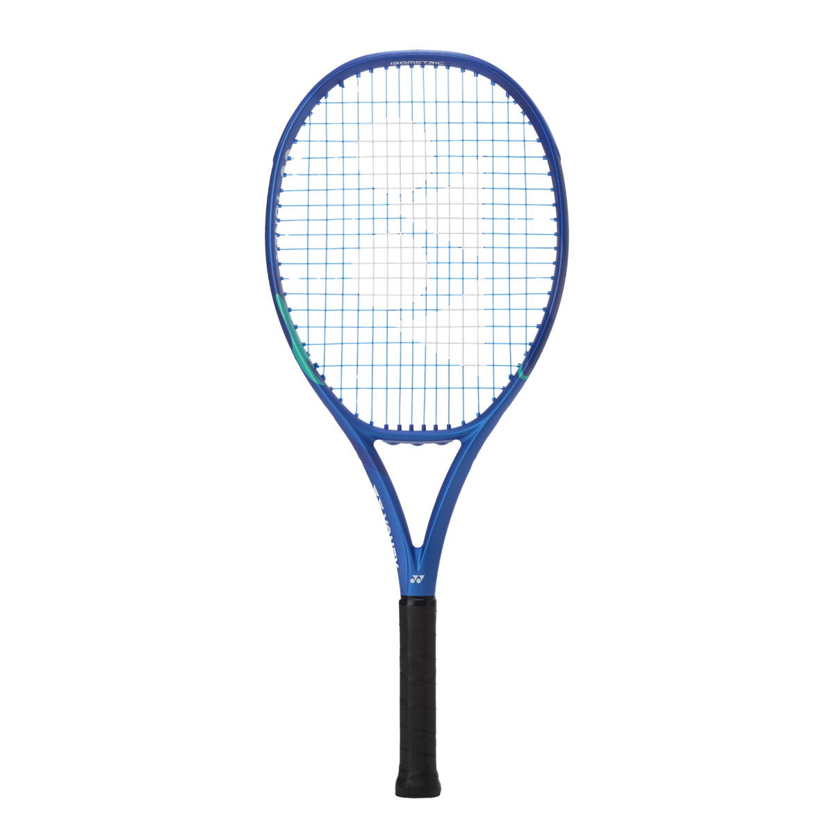 Blue Yonex tennis racket on a white background