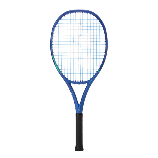 Blue Yonex tennis racket on a white background