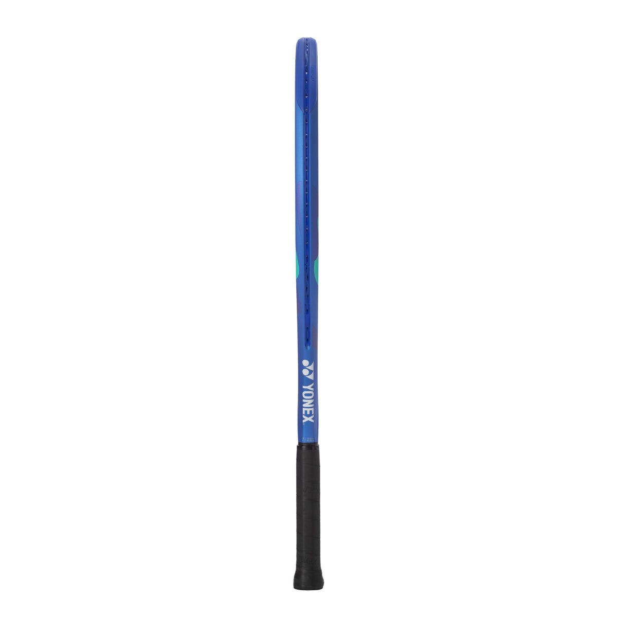 Blue Yonex tennis racket on a white background