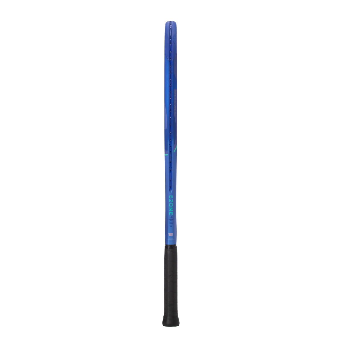 Blue and black tennis racket on a white background