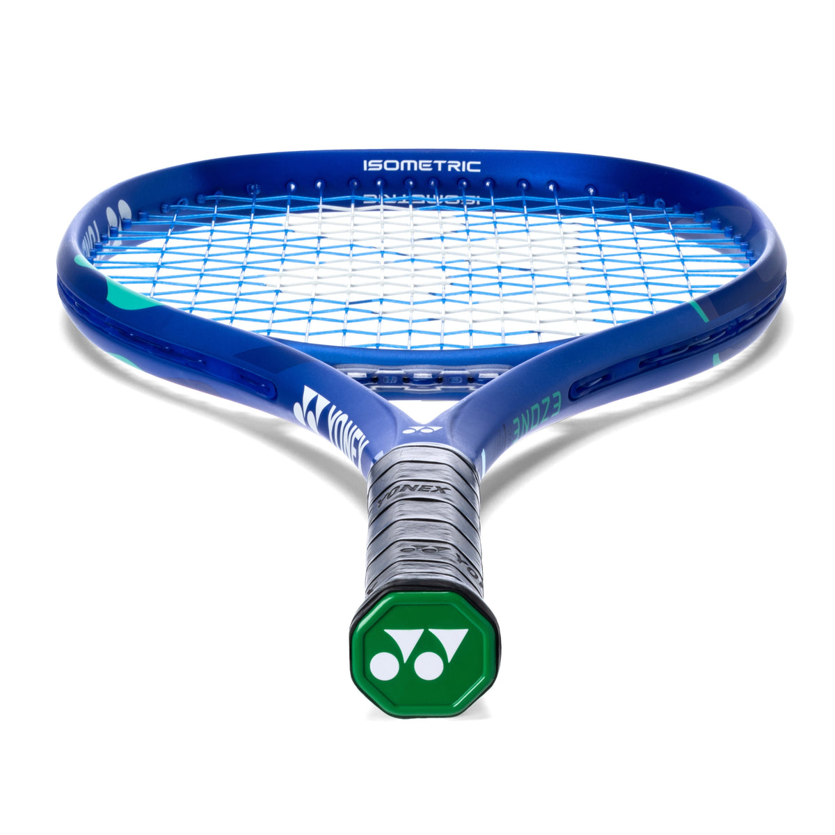 Blue tennis racket with a green handle on a white background
