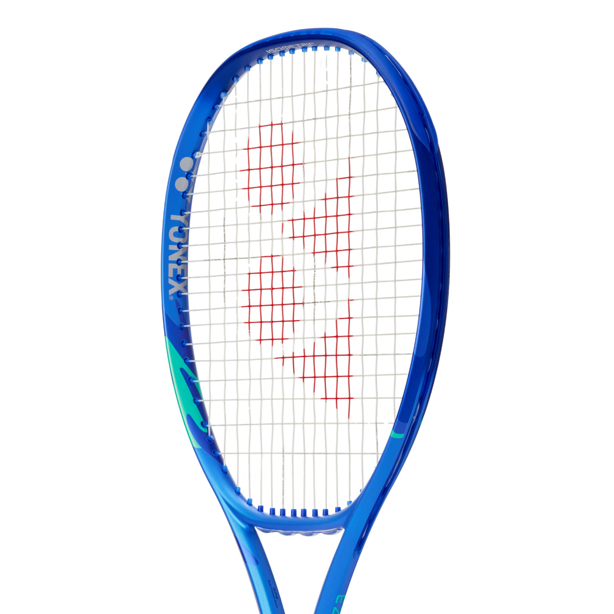 Blue tennis racket with red string pattern on a white background
