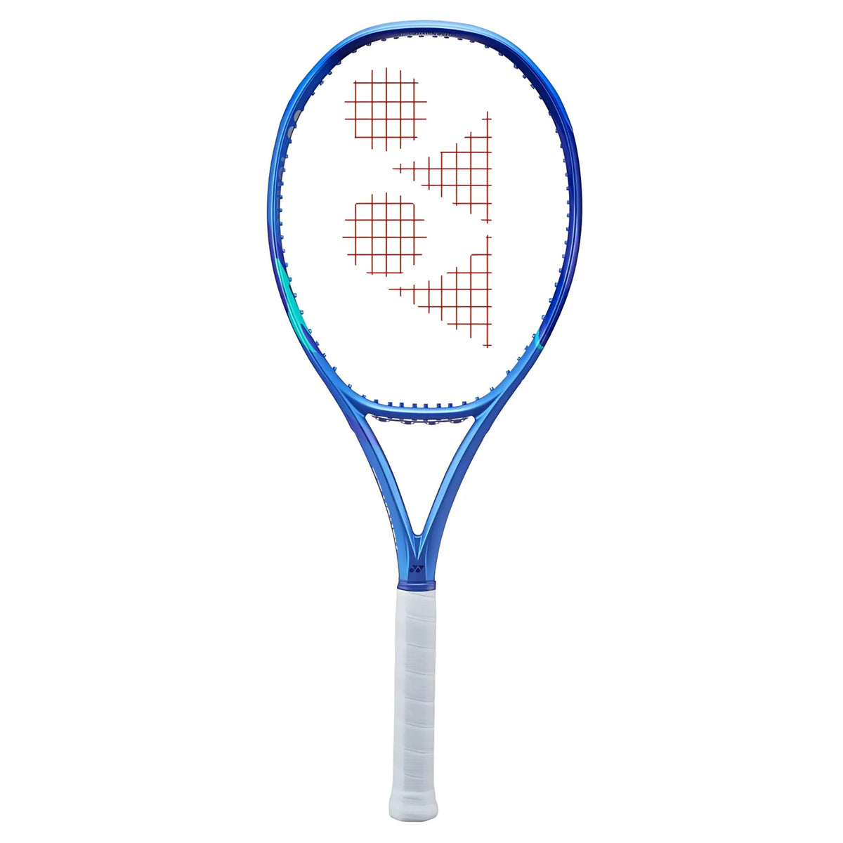 Blue Yonex tennis racket with a white handle on a white background