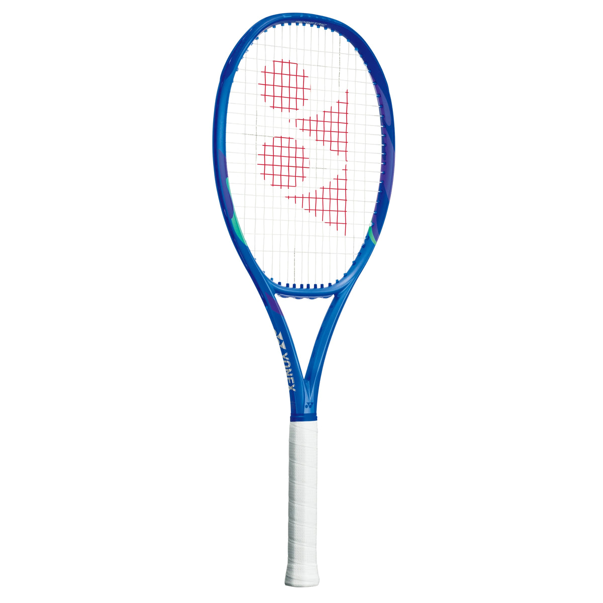 Blue Yonex tennis racket with a white handle on a white background