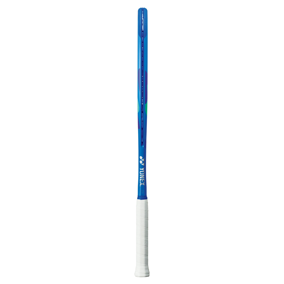 Blue Yonex tennis racket with a white handle on a white background